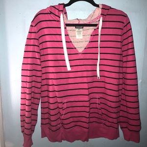 Pink and Black Striped V Neck Sweatshirt